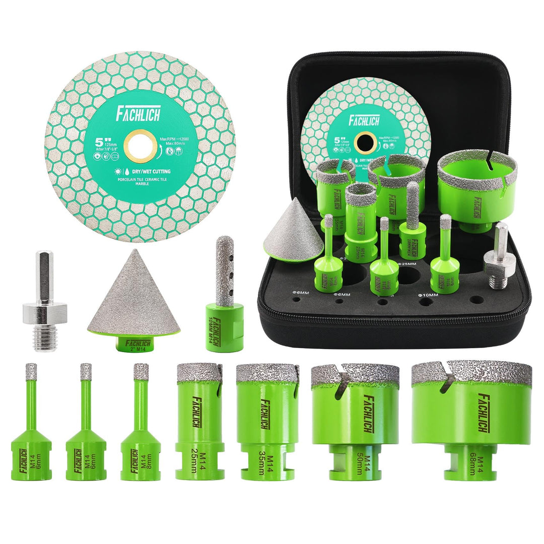 Diamant Fliesenbohrer Set Lochsäge - 11 Stück (6/6/8/25/35/50/68mm+10mm Fingerfräser+50mm Fasenbohre