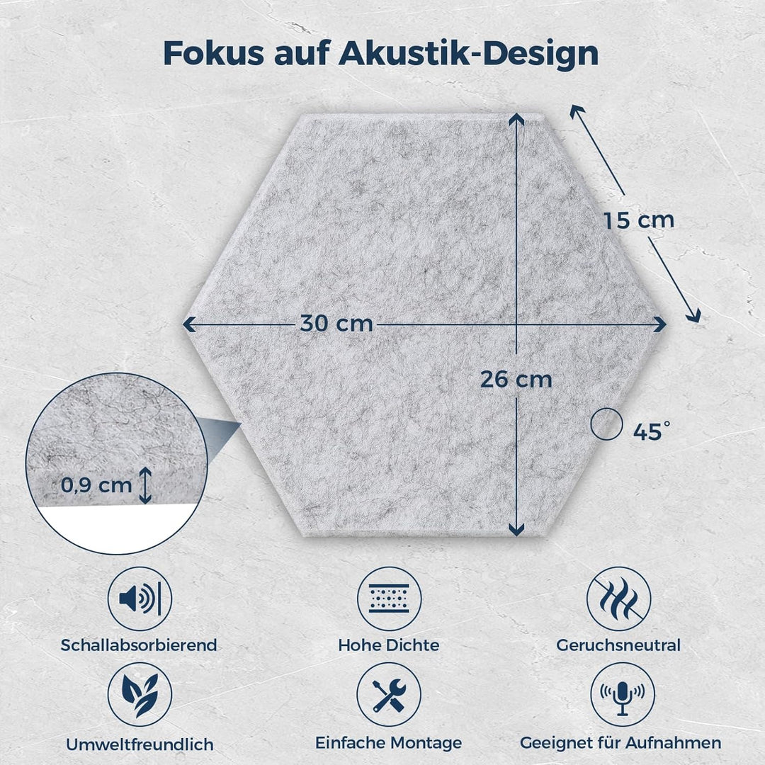 12 Stück Hexagon Akustikplatten Selbstklebend, 30 x 26 x 0,9 cm Hohe Dichte Akustikpaneele, Schallsc