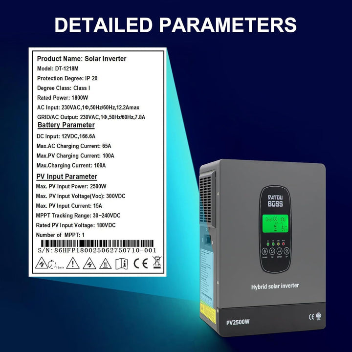DATOUBOSS 1800W Hybrid Solar Wechselrichter 12V Reiner Sinus, 12V DC auf 230V AC Inverter mit MPPT L