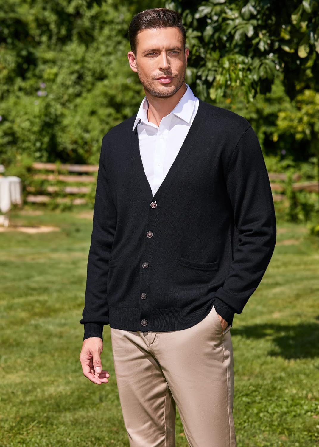 Kallspin Herren Strickjacke aus Wollmischung V-Ausschnitt Cardigan mit Knopfverschluss und Taschen 3