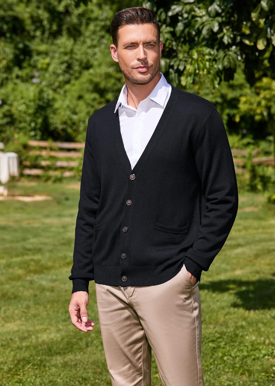 Kallspin Herren Strickjacke aus Wollmischung V-Ausschnitt Cardigan mit Knopfverschluss und Taschen,