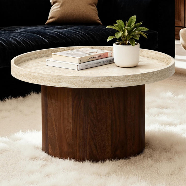 Hometopia Couchtisch rund 60 cm in Travertin-Optik mit Tablettplatte Dunkelbraun, Dunkelbraun