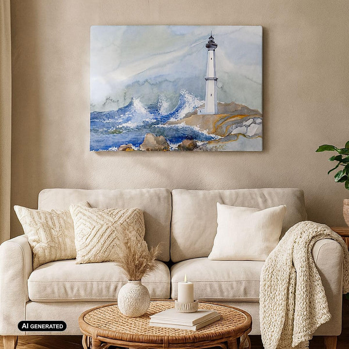 Bilder auf Leinwand 100x70cm Leinwandbild Leuchtturm Wasser Illustration Welle Gross Wanddeko Bild S