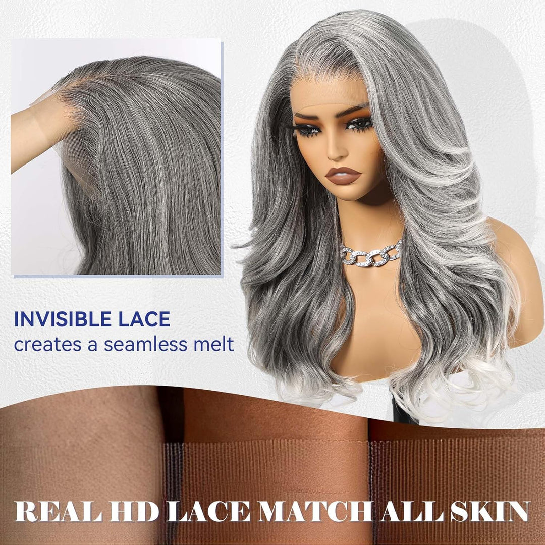 HAIRCUBE 13x6 HD Synthetische Lace-Front-Perücke, 24 Zoll lange graue, lockige, geschichtete Perücke