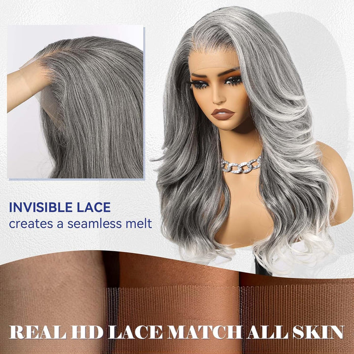 HAIRCUBE 13x6 HD Synthetische Lace-Front-Perücke, 24 Zoll lange graue, lockige, geschichtete Perücke