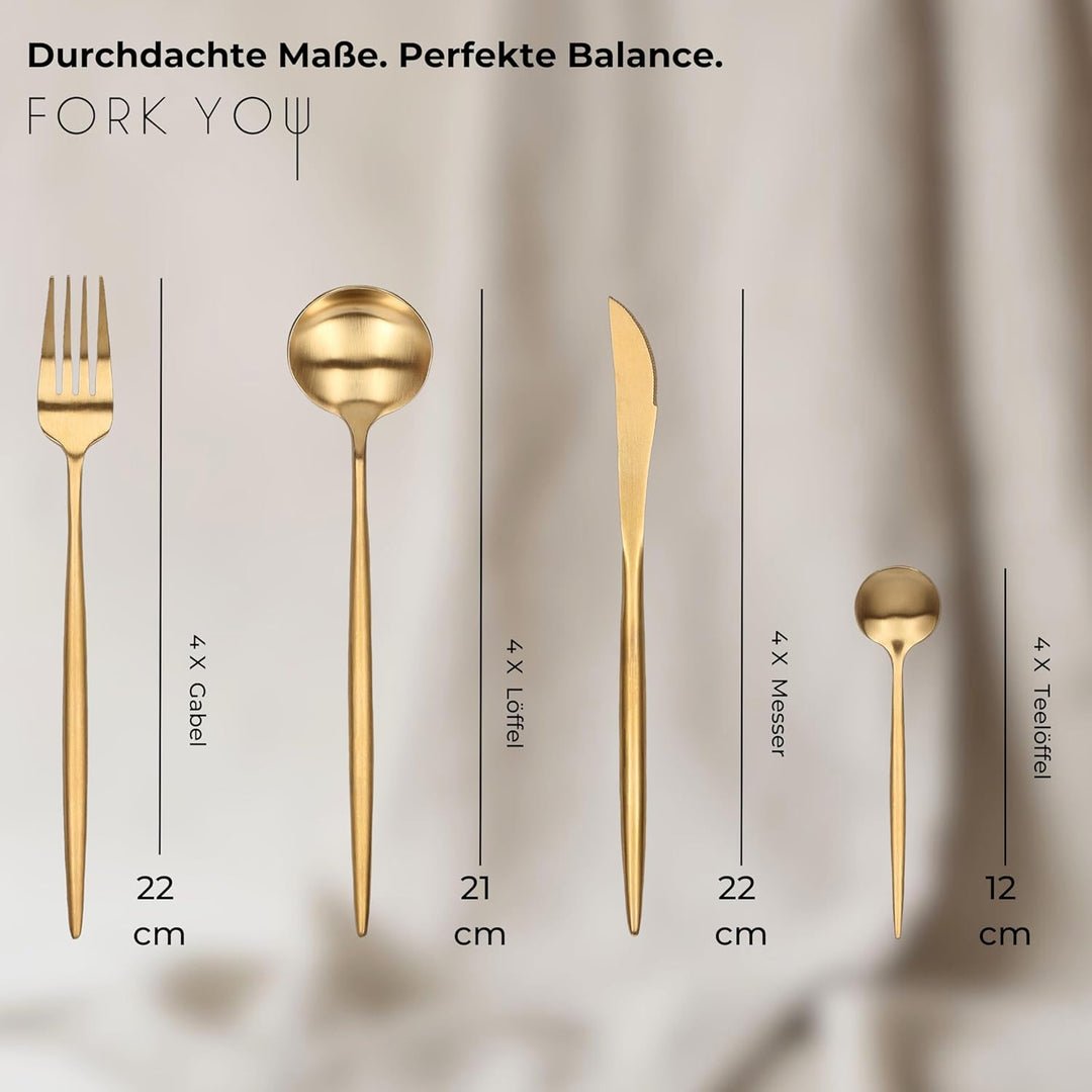 Besteck Set Gold Matt (16-teilig), rostfreier Edelstahl, Tafelbesteck für 4 Personen, spülmaschinenf