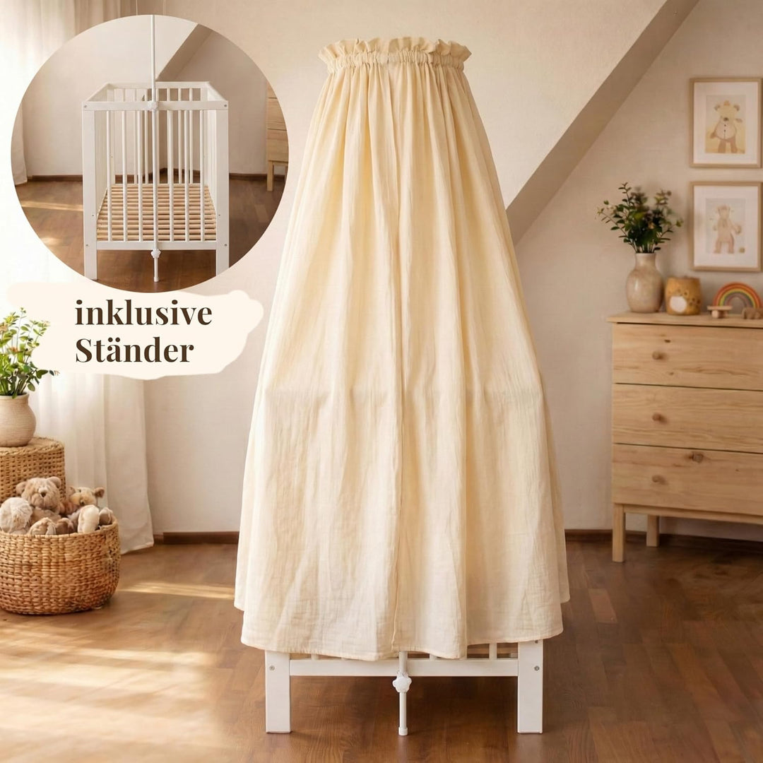 Betthimmel Babybett Set - Musselin Stoff mit montierter Himmelstange - Baldachin für Babybett zum An