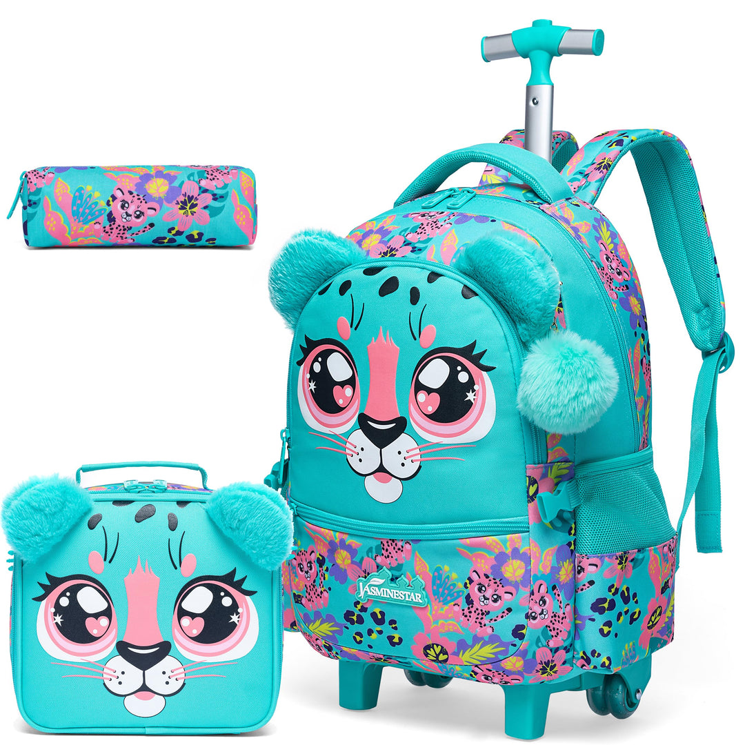 HTgroce Rucksack mit Rollen Schulranzen Trolley Mädchen 4. klasse A-grün Leopard, A-grün Leopard