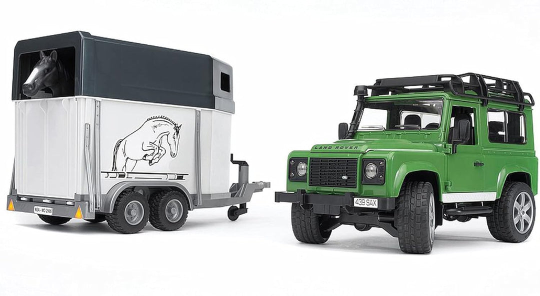 bruder 02592 - Land Rover Defender mit Pferdeanhänger & 1 Pferd - 1:16 Pick-up Geländewagen Jeep Hen