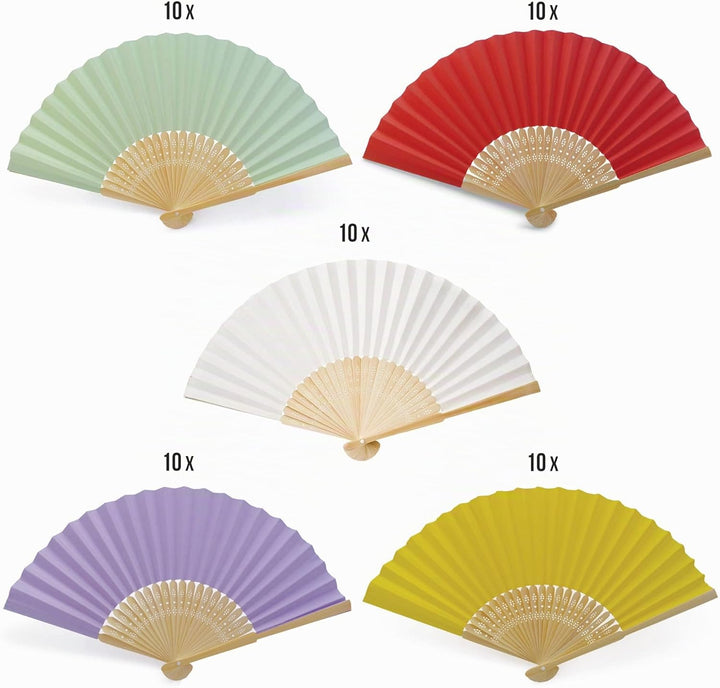 OLILLY - 50 bunte Fächer aus Papier und Bambus für Gäste – Weiss, Grün, Rot, Lavendel und Gelb – Hoc