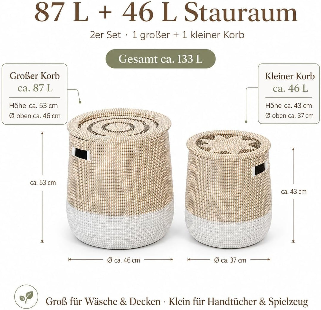 2 Stück Aufbewahrungskorb geflochten, Wäschekorb mit deckel, Seegras Korb gross L/S(87L/46L), Handge