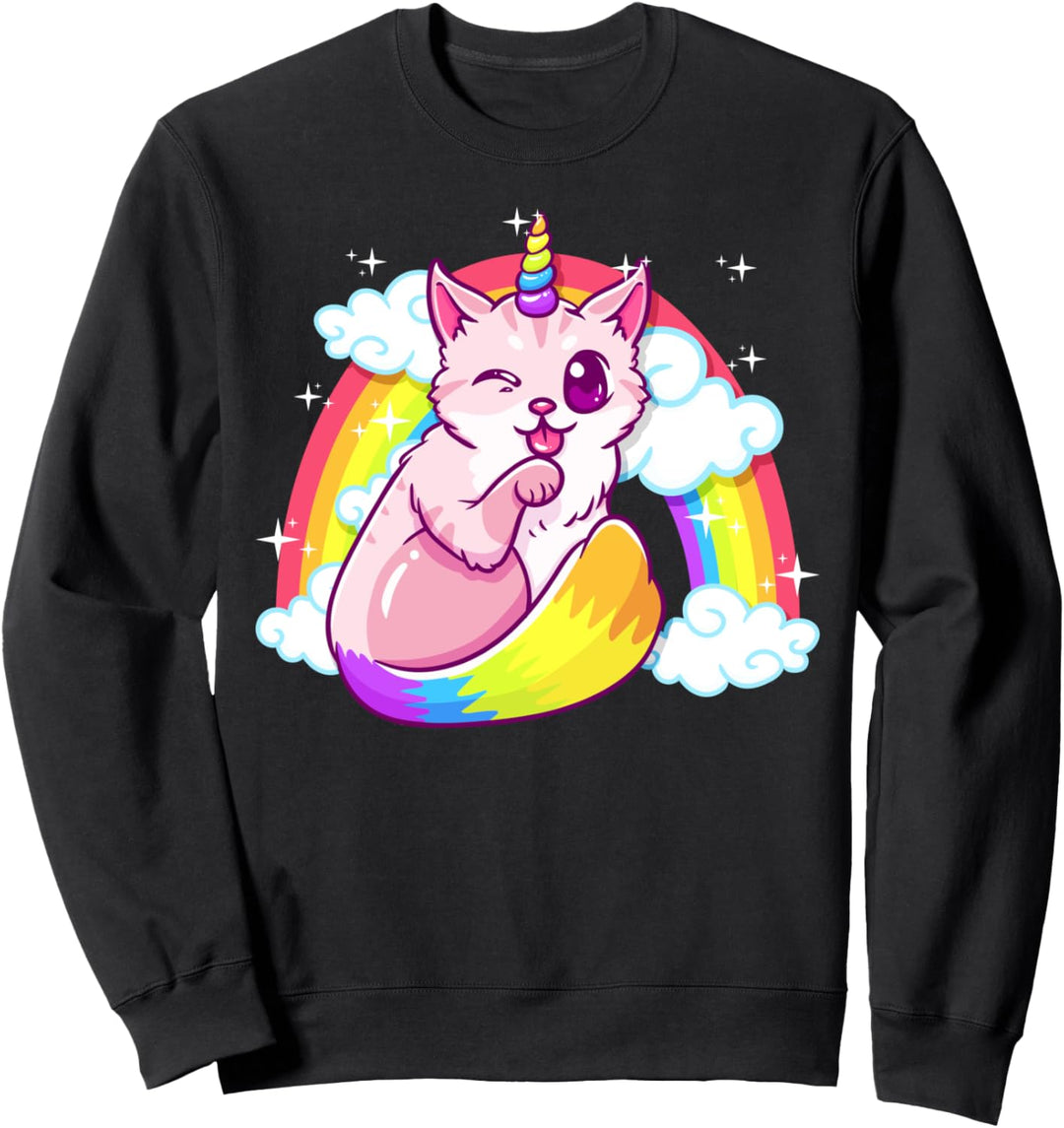 Cute & Funny Unicorn Cat Rainbow Kitty Unicorn Licking Paw Sweatshirt