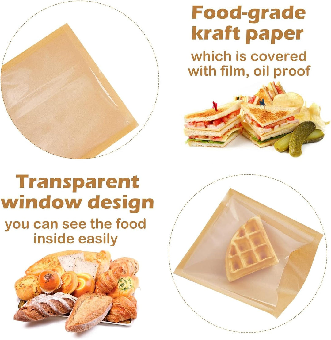100 Stück Lebensmitteltüten with Window, 18 x 19 cm Sandwich Bags, Kraft Paper Small Bread Bags,Fett