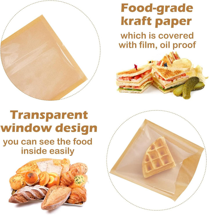 100 Stück Lebensmitteltüten with Window, 18 x 19 cm Sandwich Bags, Kraft Paper Small Bread Bags,Fett