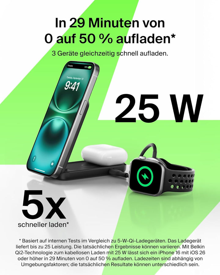Belkin UltraCharge Qi 2.2 Ladestation 2 in 1, 25W, Ladegerät MagSafe Kompatibel, Induktive Ladestati