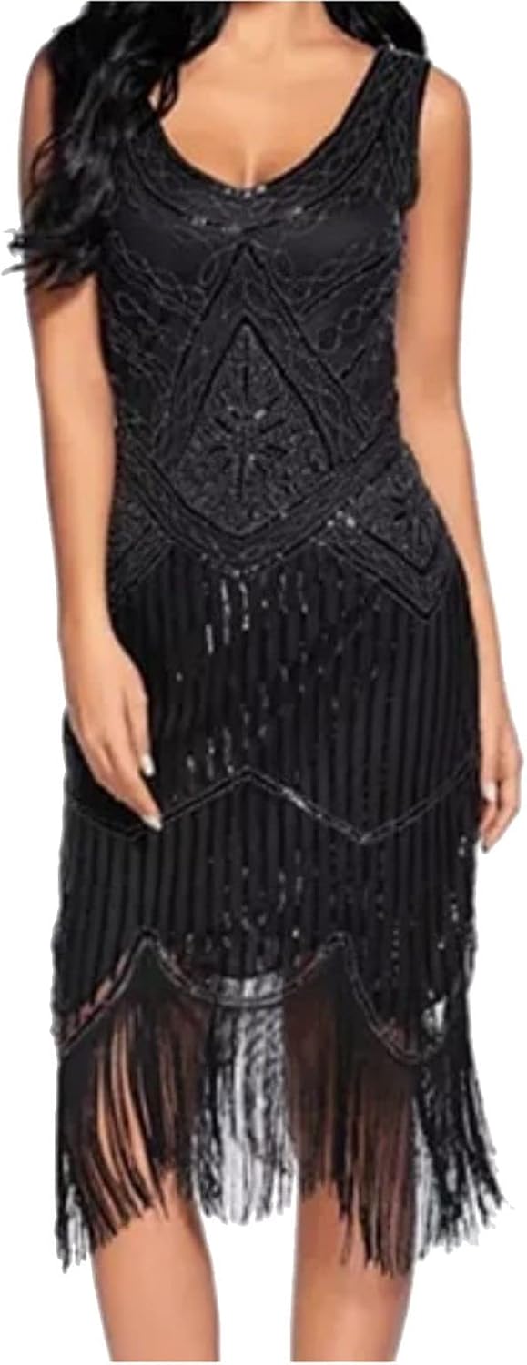 MIMIKRY 20er Jahre Charleston Pailletten Kleid Schwarz mit Fransen Flapper Damen-Kostüm XXL Schwarz/