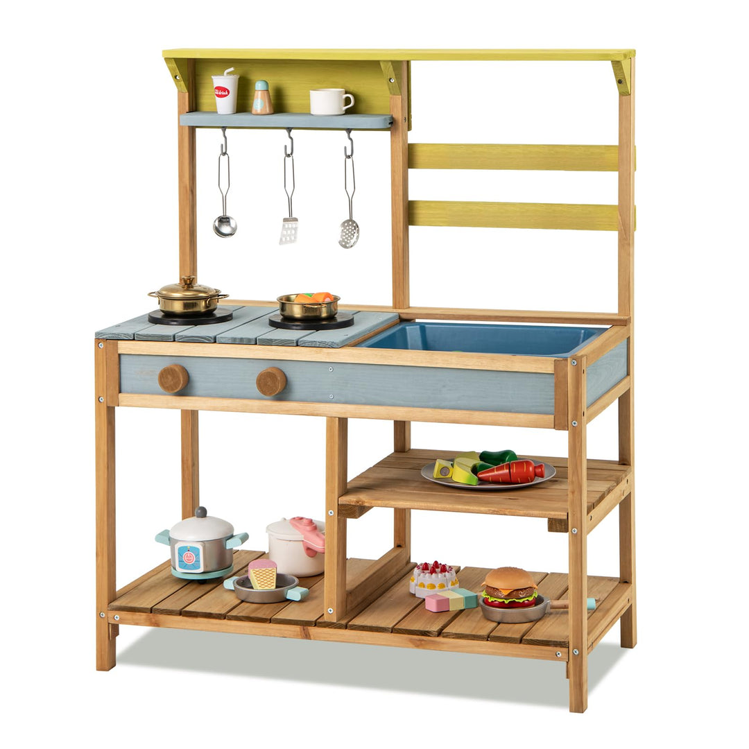 COSTWAY Matschküche Kinder Outdoor, Kinderküche Holz mit Spüle, Spielküche mit Haken & abnehmbarem R