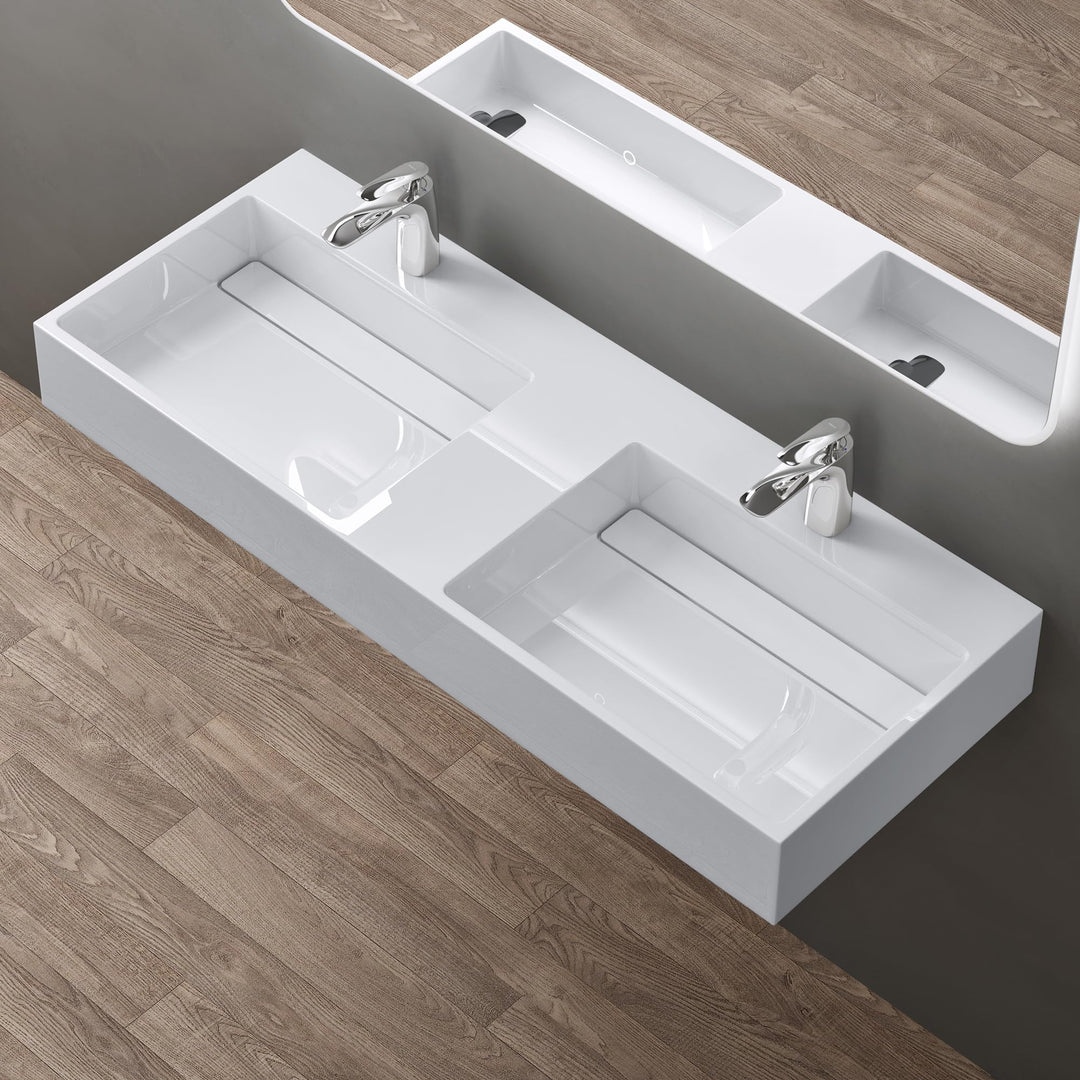 doporro Design Doppelwaschtisch 120x48x13 cm mit verstecktem Ablauf Colossum12 in weiss aus Mineralg