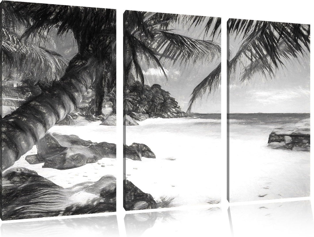 Pixxprint Palmenstrand Seychellen Kunst / 3-Teilig/Gesamtmass 120cm Leinwandbild bespannt auf Holzra