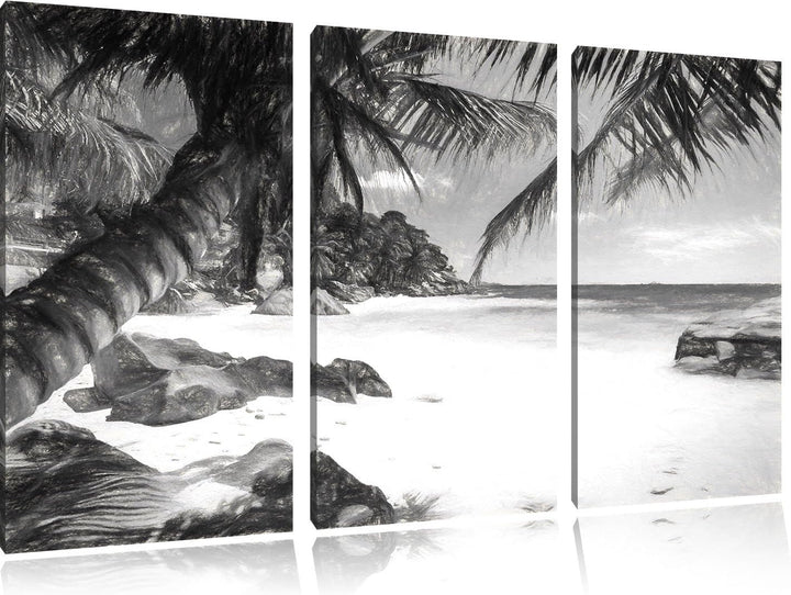Pixxprint Palmenstrand Seychellen Kunst / 3-Teilig/Gesamtmass 120cm Leinwandbild bespannt auf Holzra