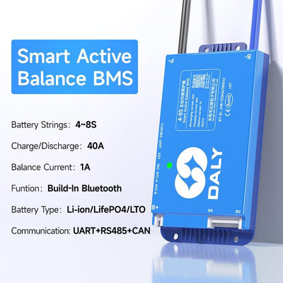 DALY 40A 4S-8S 12V-24V Smart BMS mit 1A Active Balancer und integriertem Bluetooth RS485 CAN für Lit