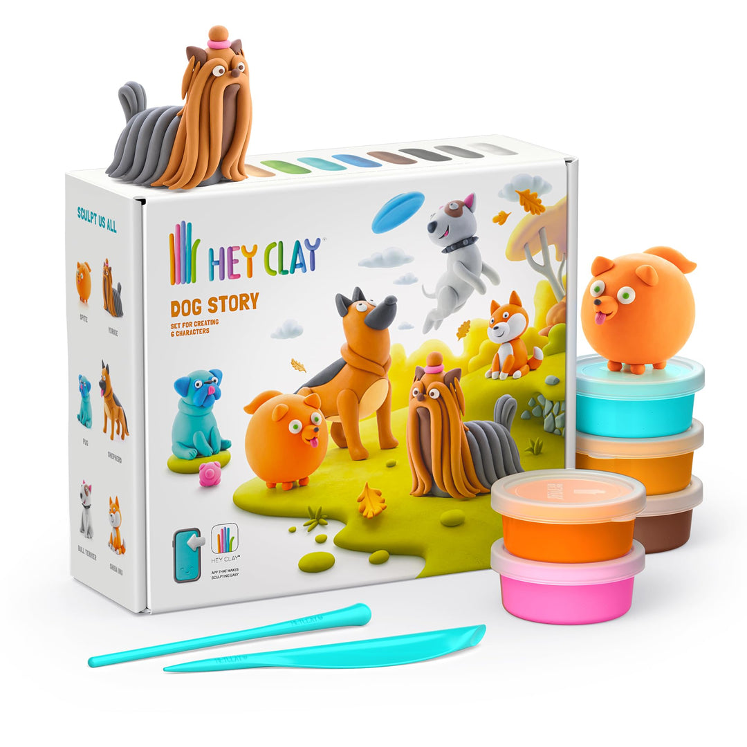 Hey Clay Dog Story 15 Dosen – Bunte lufttrocknende Modelliermasse für Kinder – Air Dry Clay Kit 15 D