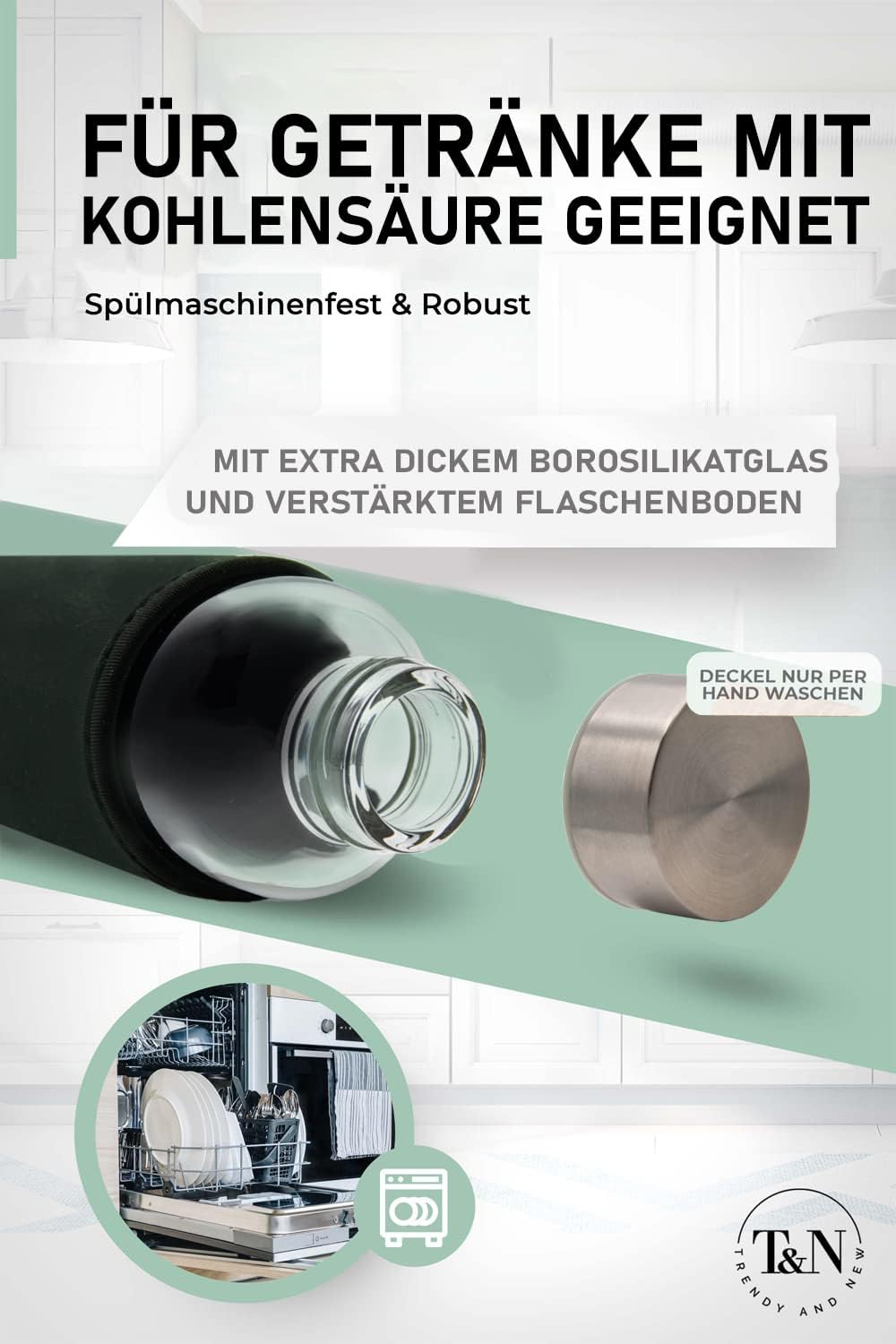 T&N Glasflasche 1 Liter / 750ml / 500ml – Trinkflasche Glas 1l mit Neoprenhülle – Wasserflasche Ausl