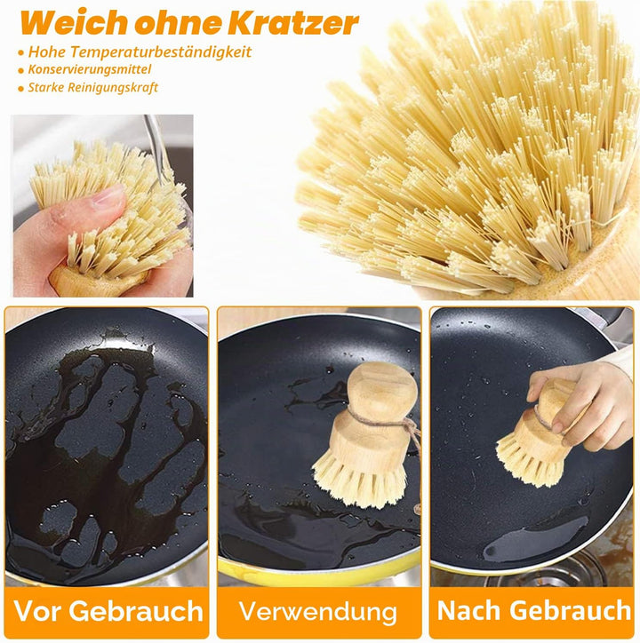4 STK Wok Bürste Bambus Set, Pilzbürste, Bambus Wok mit Schnur Bürste für Reinigung von Töpfen, Pfan