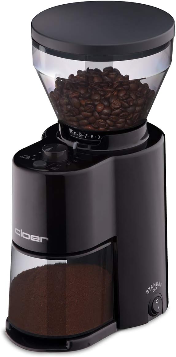 Cloer 7520 Elektrische Kaffeemühle mit Kegelmahlwerk aus Edelstahl, 2-12 Tassen, 300 g Kaffeebohnen,