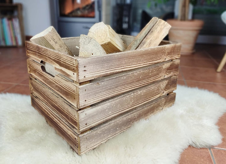 Rustikale KAMINHOLZKISTE mit Griffen"Zündstoff" Kaminholzkorb aus Holz Brennholzträger Vintage Kiste