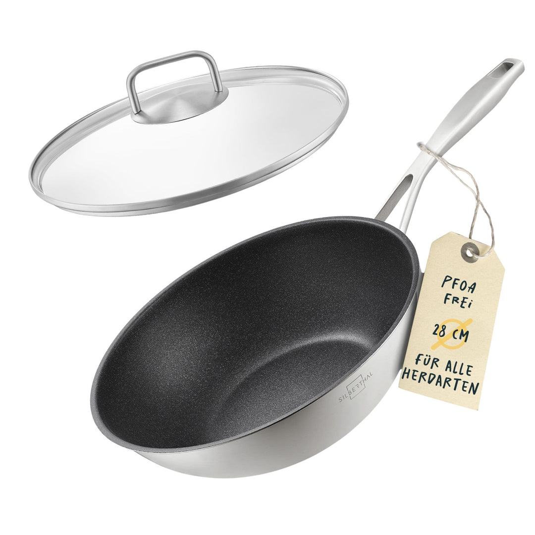 SILBERTHAL Wokpfanne mit Deckel beschichtet Induktion 28 cm - Edelstahl Wok zum Frittieren und Brate
