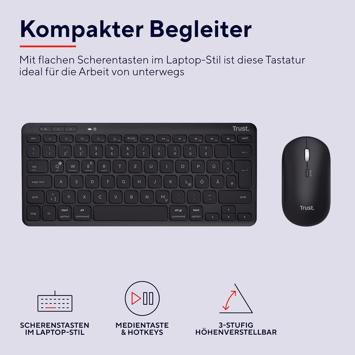 Trust Lyra Bluetooth Tastatur Maus Set Kabellos, QWERTZ-Layout, 84% Recyclingkunststoff, Wiederaufla