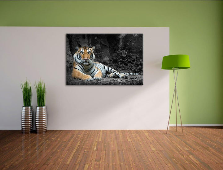 ruhender Löwe schwarz/weiss Format: 100x70 auf Leinwand, XXL riesige Bilder fertig gerahmt mit Keilr