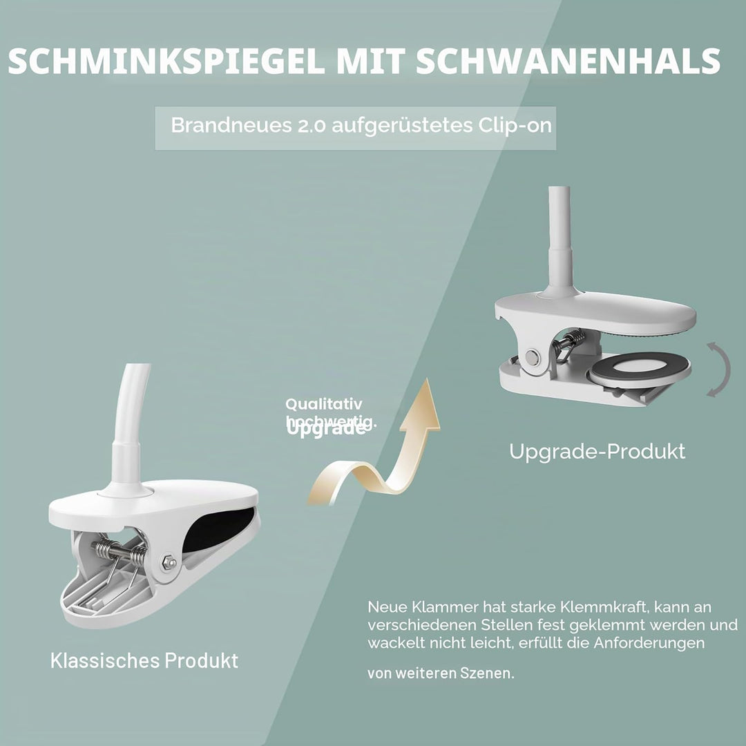 TUSHENGTU 16,5 cm Clip-on-Schminkspiegel mit Licht, Schwanenhals-Reise-Flachspiegel, USB-Aufladung (