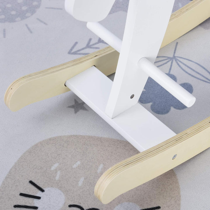 HOMCOM Schaukelpferd aus Holz - Schaukelspiel Holz - Griffe Fussstütze Stopper - MDF Sperrholz Weiss