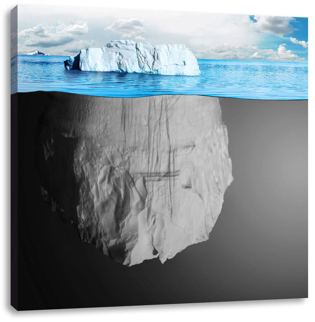Pixxprint riesiger Eisberg im Wasser Illusion schwarz/weiss, Format: 70x70 auf Leinwand, 70x70