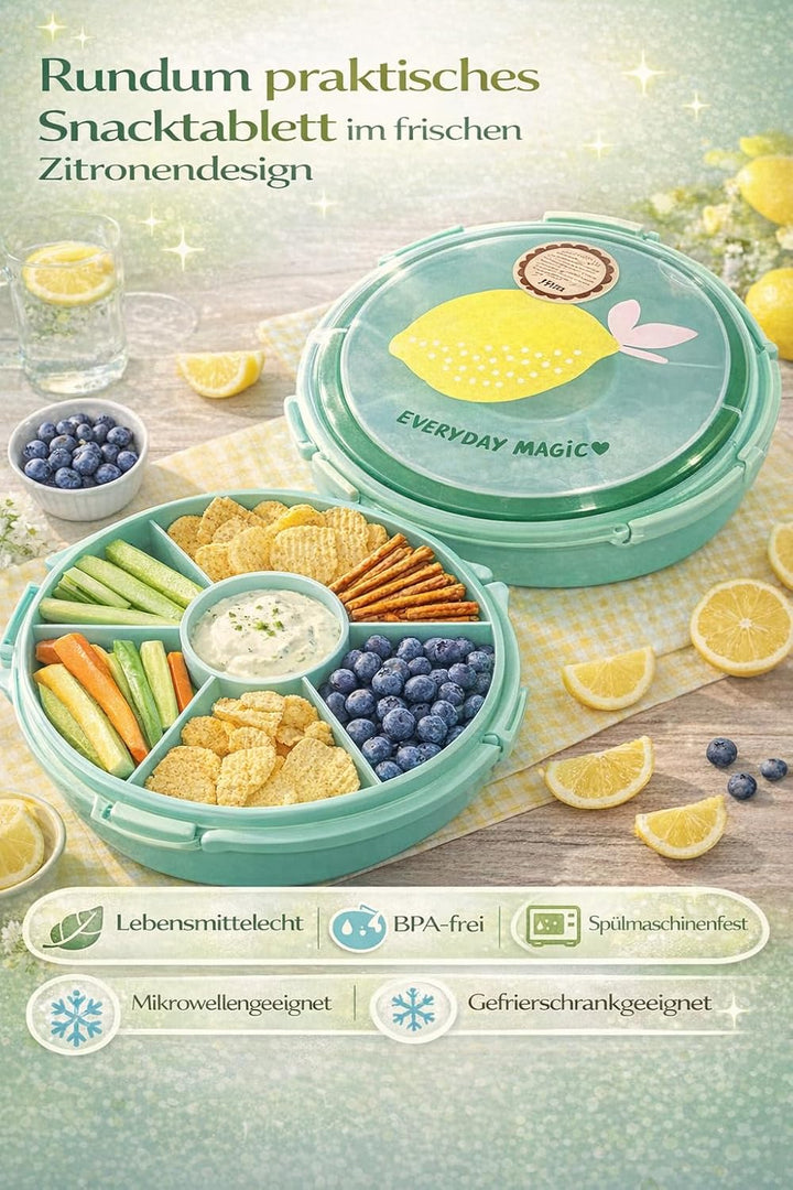Rice Serviertablett rund Ø 32 cm mit Deckel & Tragegriff – Snack- & Partyplatte mit Fächern, BPA-fre