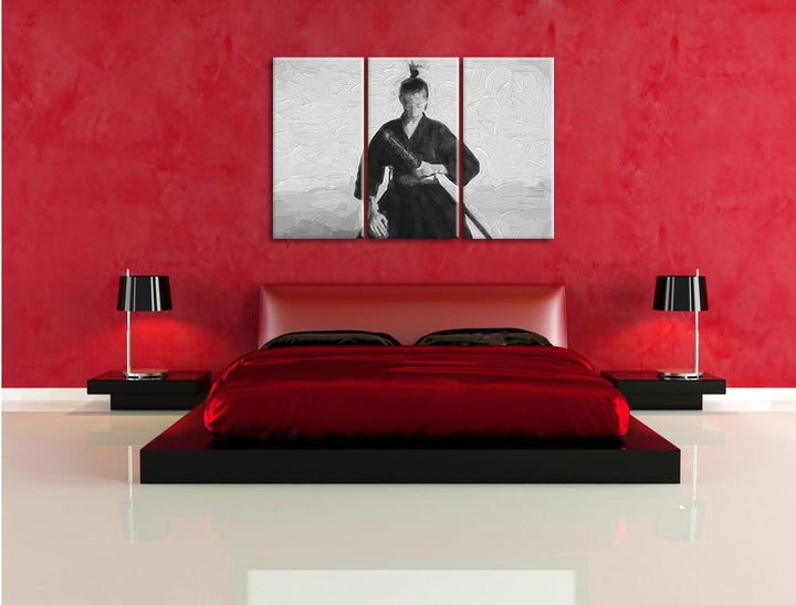 Pixxprint stolze Samurai-Kriegerin Kunst Pinsel Effekt 3-Teiler Leinwandbild 120x80 Bild auf Leinwan