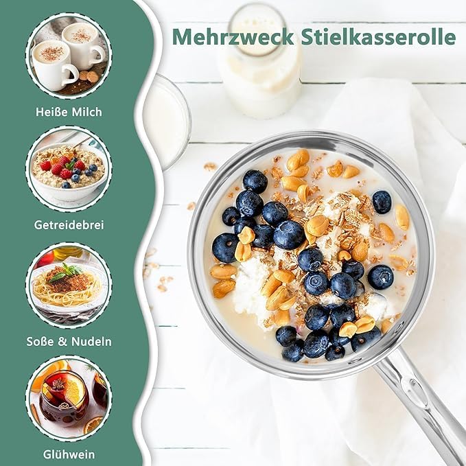 EliteHoff Stielkasserolle 7-Lagen Edelstahl Kasserolle mit Deckel, Kochtopf Induktion, Topf für alle
