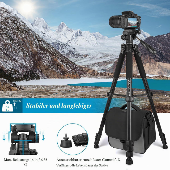 Victiv Kamera Stativ mit 52–160-185cm Höhe, leichtes Camera Tripod mit Abnehmbar 3-Wege-Kopf, Alumin