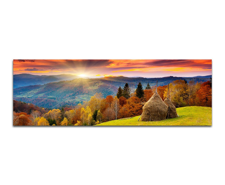 Paul Sinus Art Bilder Wand Bild - Kunstdruck 150x50cm Wald Berge Wiese Herbst Sonnenuntergang
