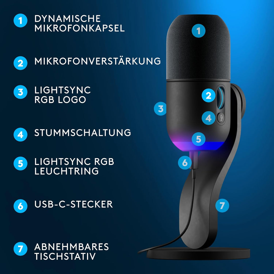 Logitech G Yeti GX dynamisches RGB-Gaming-Mikrofon mit LIGHTSYNC, USB-Mikrofon zum Streaming, Supern