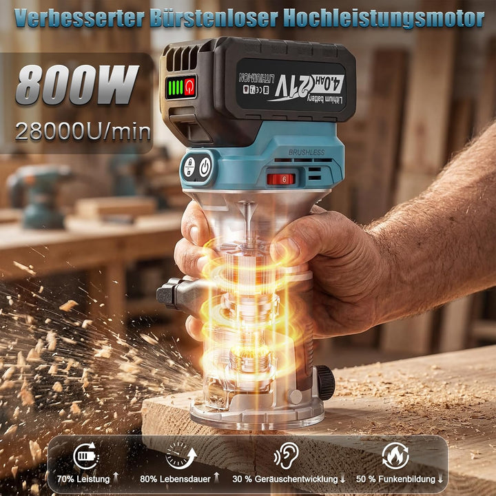 Yofuly Akku Oberfräse Kantenfräse für Maa-kita 18V Akku, 800W Einhandfräse Holzfräser mit 2 * 4.0Ah
