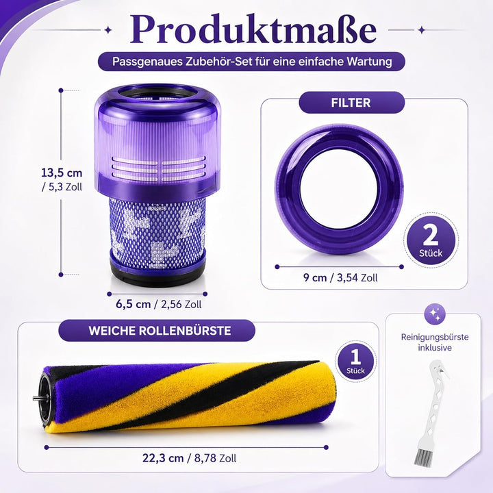 Ersatz-Bürstenwalze und 2 Stück Ersatzfilter Filter für Dyson V15 Detect Slim, Absolute, Softwalzen