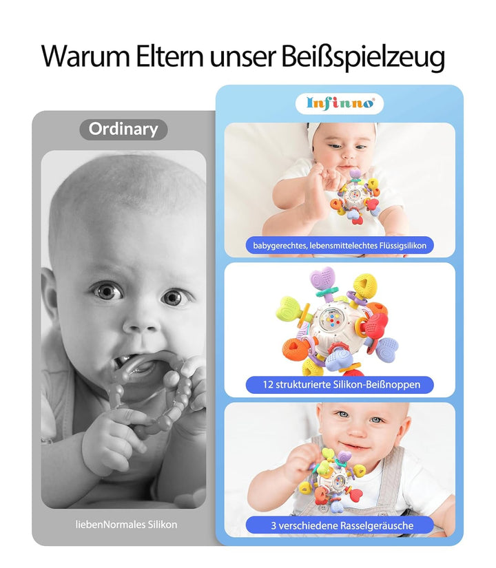 Infinno Baby Greifball & Rassel,BPA-freies Silikon Beissring-Spielzeug für 0-12 Monate, Multifunktio