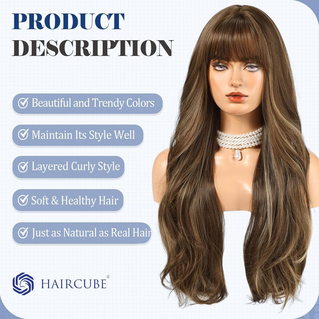 HAIRCUBE Lange braune Perücke mit blonden Strähnchen und Pony, 55,9 cm, gestufte lockige Perücken fü