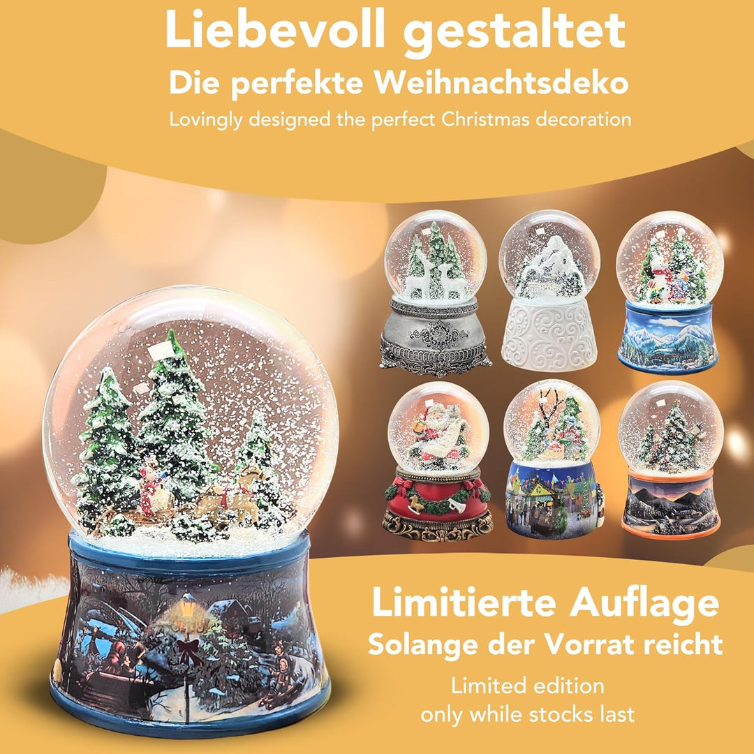 Schneekugel Weihnachten Spieluhr | Schlittenfahrt mit Christbaum | Sockel Winterlandschaft Eisläufer