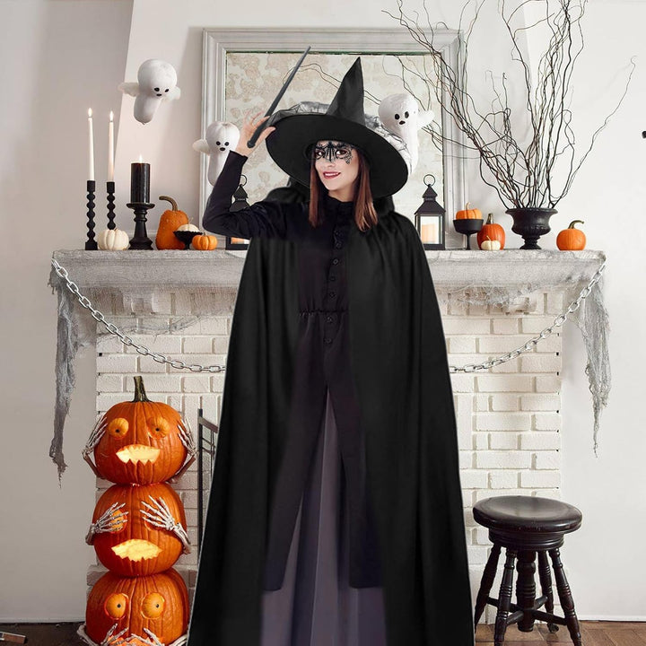Shinybox Hexenkostüm Damen Halloween, 7 Stück Halloween Kostüm Damen mit Schwarzer Umhang, Hexenhut,