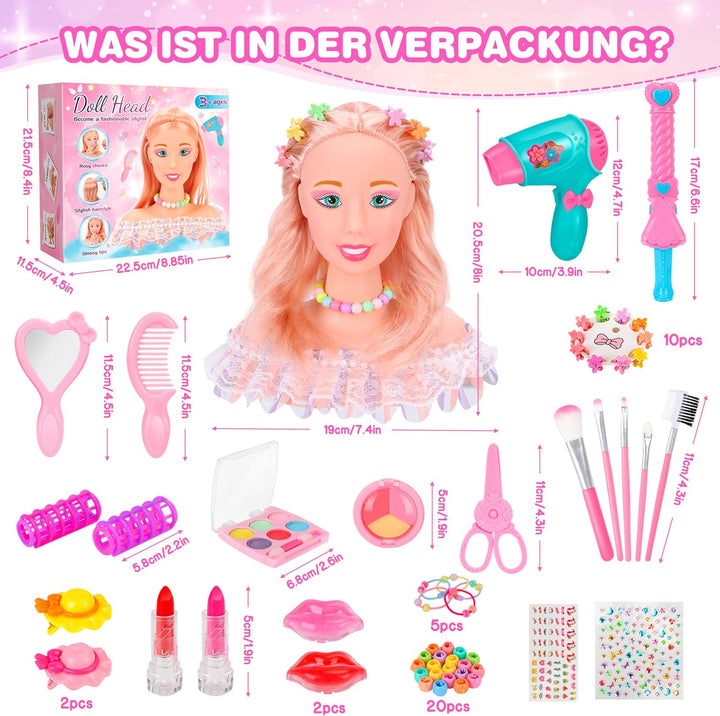 MOMOSTAR 58 Stück Frisierkopf Kinder Set, Schminkkopf für Mädchen, Puppenkopf Zum Frisieren Kinder m