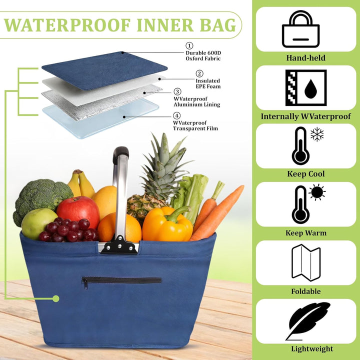 Einkaufskorb Kühltasche 35L, Einkaufskorb Faltbar mit Aluminium Griff, Grosse Isolierter Picknickkor